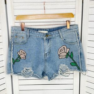 Loverly Embroidered Distressed Denim Jean Shorts Blue Size 42 8